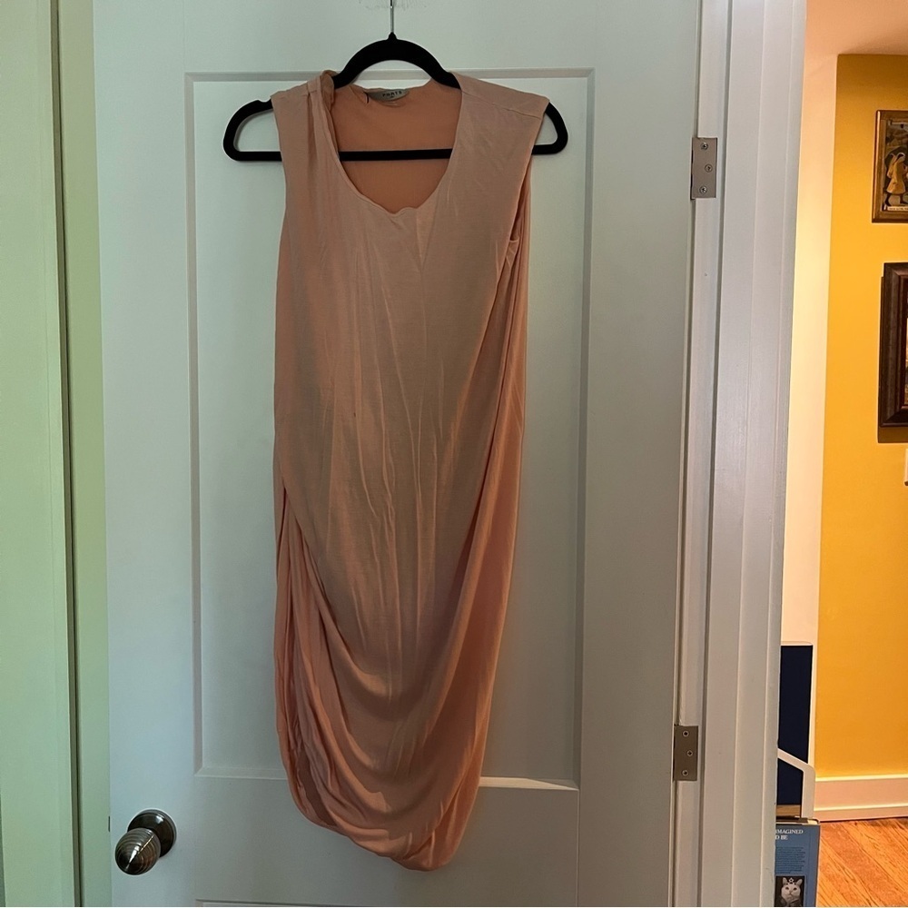 Stunning minimalist asymmetrical draped silk lined pull over dress